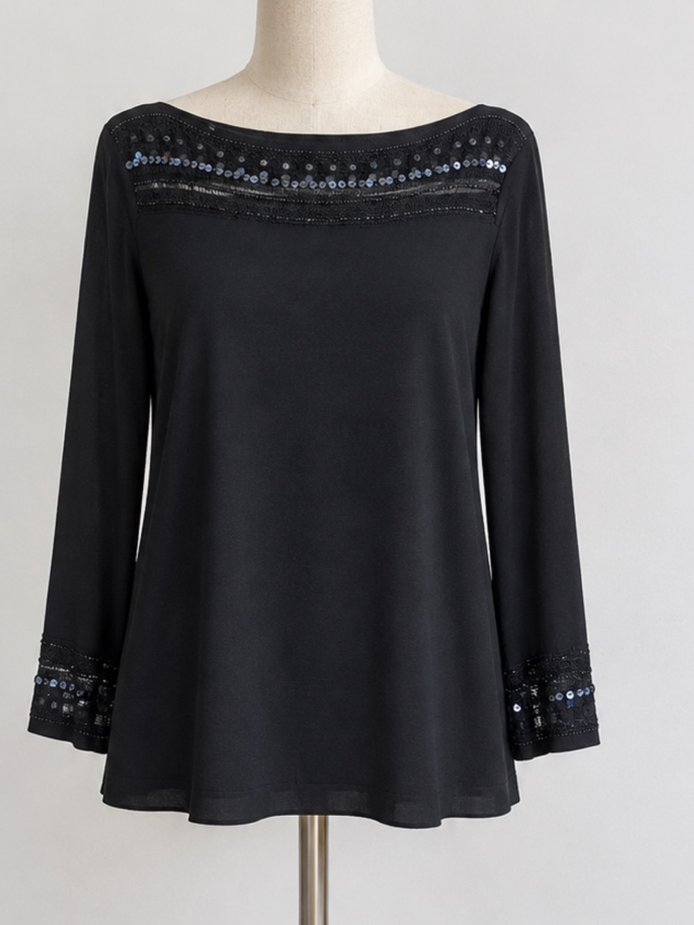 Elegant Boat Neck Black Sequin and Beads Trim Women's Long-Sleeve Top